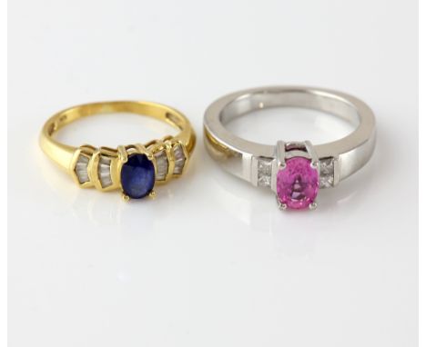 Two sapphires rings, oval cut pink sapphire, estimated weight 1.00 carat, with four princess cut diamonds, in 18 ct white gol