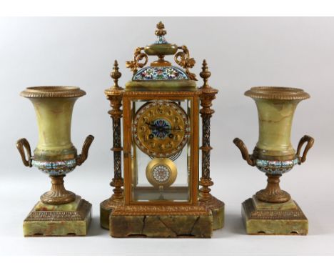 19th century French champlevé enamel and onyx clock  garniture, two train movement striking on a gong, 42cm high flanked by a