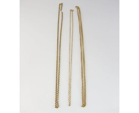 Three chains, curb link chain, measuring approximately 65cm in length, with bolt ring clasp, with an oval belcher link chain,