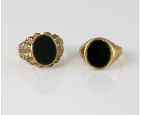 Two vintage blood stone signet rings, oval cut blood stone, mounted in 9 ct yellow gold, hallmarked Birmingham 1972, size R a