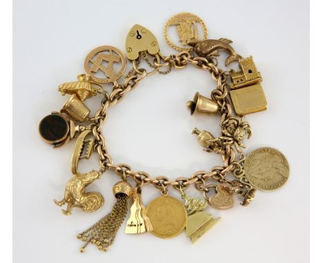 Vintage gold charm bracelet, belcher link bracelet, in 9 ct hallmarked Birmingham 1960, with heart padlock clasp, set with si
