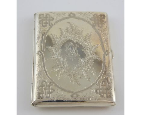 Victorian silver aide-memoire/ card case with engraved decoration blue satin lined interior, three ivory leaves and pencil, b