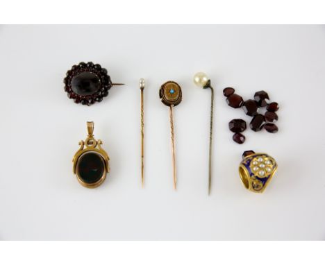 A mixed group of items, enamel and pearl scarf ring mounted in yellow metal testing as 18 ct, bloodstone and agate oval swive