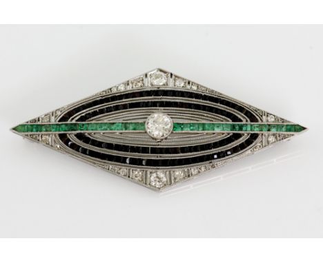 Art Deco diamond shaped brooch, set with central old cut diamond, estimated weight 0.42 carat, estimated colour G/H and clari