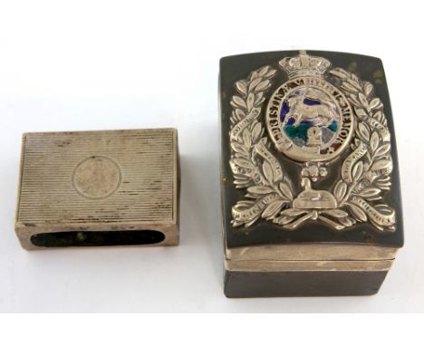 White metal mounted and oak trinket box with wreath and enamelled decoration with inscription reading 'PRISTINAE VIRTUTIS MEM