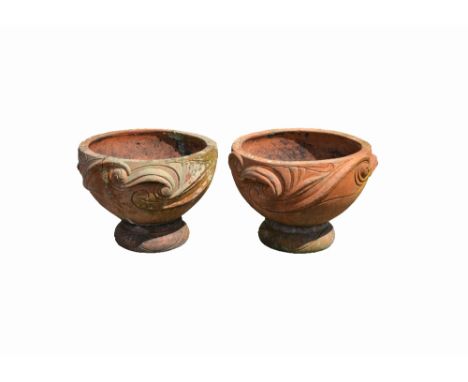 Pair Compton Potters Art Guild Celtic terracotta jardinieres with stands, designed by Mary Seton Watts, cast in low relief wi