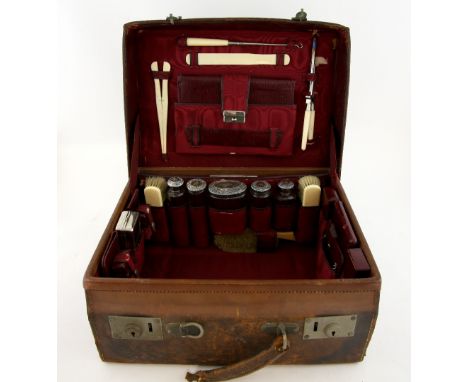 Ladies Victorian travelling case with silver mounted and ivory fittings,PLEASE NOTE: THIS ITEM CONTAINS OR IS MADE OF IVORY. 