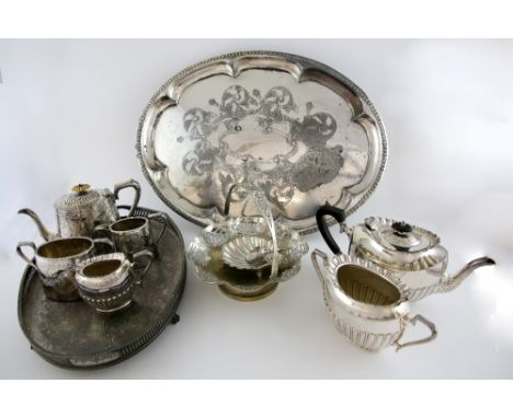 Two silver plated trays, 19th three piece tea service and other items.   