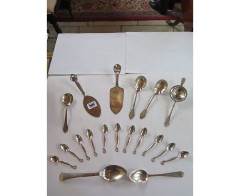 Assorted Danish silver flatware including 12 small spoons by Johannes Siggaard and a plated cake slice  - approx weight 21.8 
