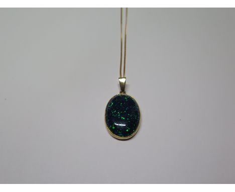 A 9ct gold opal pendant necklace, chain 46cm long, total weight approx 5.6 grams, pendant 2.5cm x 2cm, both hallmarked, ex je