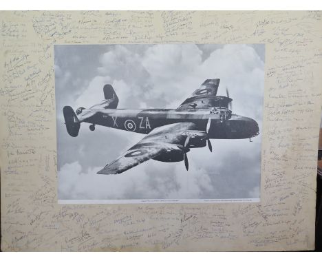 A signed RAF 4 Group 1981 reunion mounted photograph print of a Handley Page Halifax bomber unframed - 77cm x 92cm 