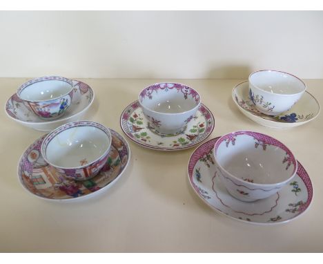 Five 18th and 19th Century tea bowls and saucers,, one associated saucer, one cup repaired, two cups cracked, one cup chipped