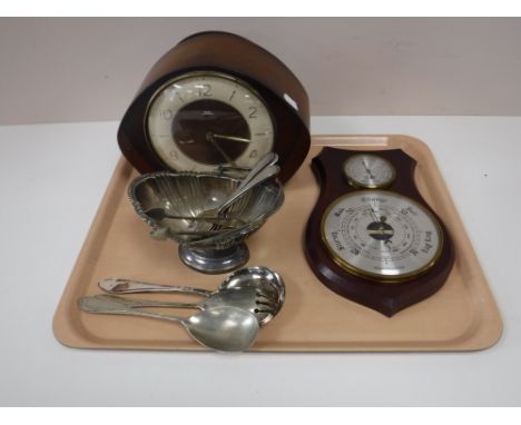 A tray of Smiths Tempora mantel clock, barometer, plated ware etc 