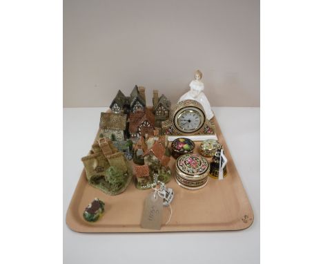 A tray of Royal Doulton figure - heather HN 2956, Wedgwood mantel clock, pill boxes, Royal Worcester morning river candle snu
