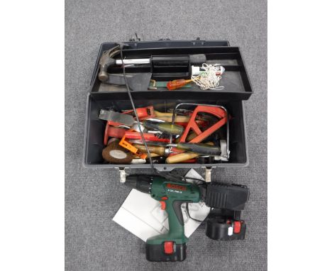 A Bosch 18 Volt electric drill, together with a stack on toolbox containing assorted hand tools, chisels, etc