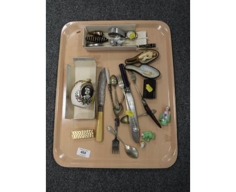 A tray of hat pins, cutlery, china dolly tops, Dunhill lighters, snuff box, cased pipe etc 