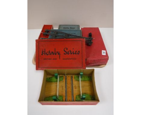 A tray containing boxed Hornby series straight rails, level crossing number 1, M3 tank locomotive, a M1/2 Pullman coach and a