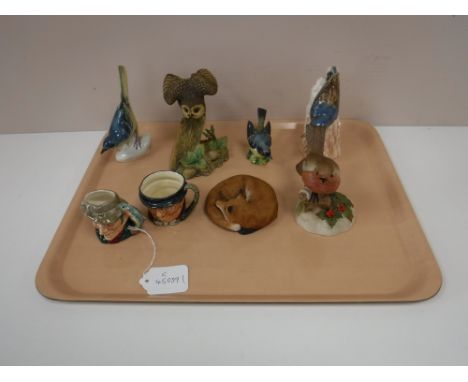 A tray of Beswick bird figure, Goebel and Aynsley bird figures, Aynsley fox and two miniature Doulton character jugs - Tony W