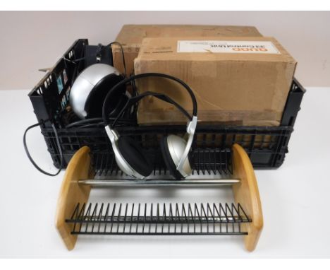 A crate of boxed Quad 33 control unit, a boxed Quad 303 power stereo amplifier, cased Kingfisher binoculars, headphones, acou