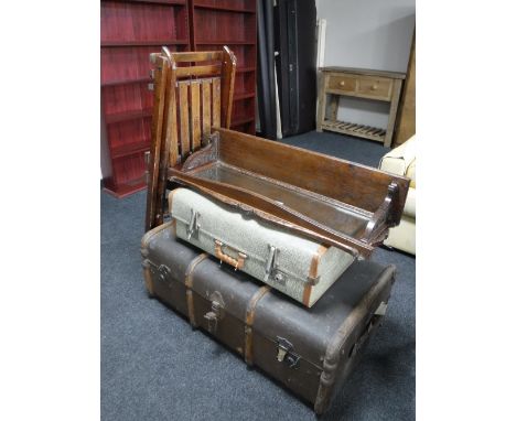 A wooden bound trunk, vintage luggage case, carved oak mirrored wall shelf, folding steps 