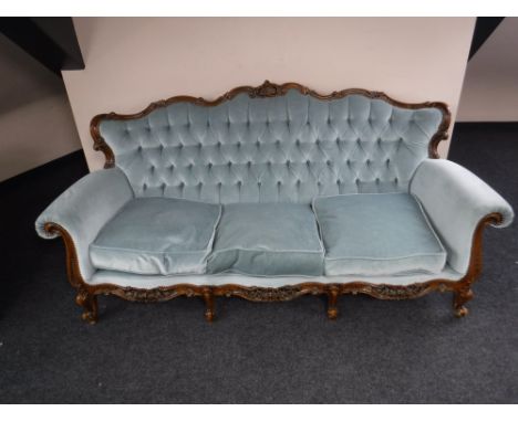 An Italian style three piece lounge suite upholstered in blue button dralon CONDITION REPORT: Settee 89cm high, 193cm wide an