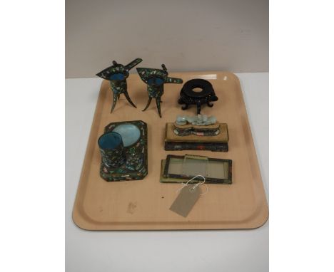 A Chinese jade figure on plinth together with a miniature jade elephant, an Eastern enamelled metal desk stand, together with