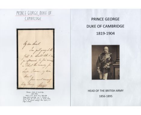 Prince George Duke of Cambridge signed 7x5 ALS Head of the British Army 1856-1895. Good condition. All autographs come with a