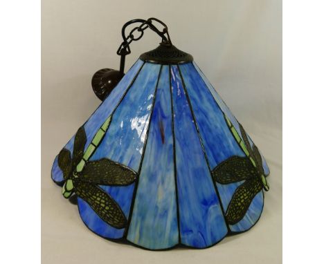 A lead light glass ceiling light shade by Tiffany Lamps, with dragonfly panels, 25cm high x 42cm diameter CONDITION REPORT: C