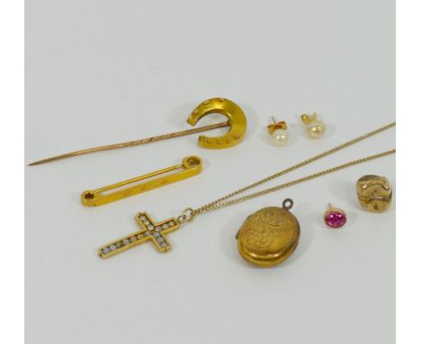 A 9 carat gold bar brooch, and a gold horseshoe stick pin, combined weight 5g, and other gold and yellow metal items comprise