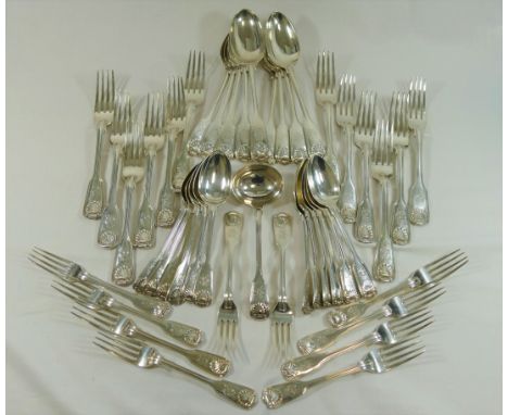 A matched set of Victorian silver fiddle, thread and shell pattern cutlery, comprised of  twelve each of table forks and dess