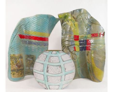 Lisa Green (20th/21st Century British)+
A pottery moon flask entitled 'Plot Pot', 20cm high, purchased from the Rock-a-Nore G