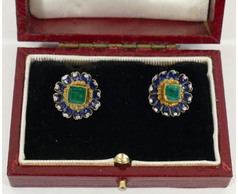 A pair of yellow metal, emerald and enamel flower head earrings, the square step cut emeralds measuring approximately 5.3mm x