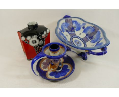 Three items of Carlton Ware comprised of a chamberstick, 10cm high, a two handled bowl with registration no. 716292, 33.5cm l