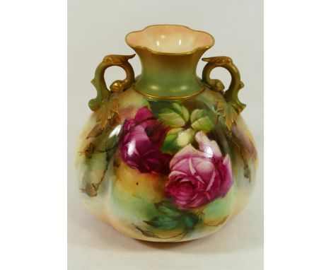 A Royal Worcester two-handled vase, hand painted with roses, signed A Food, with gilt detail, with green factory mark c.1907,