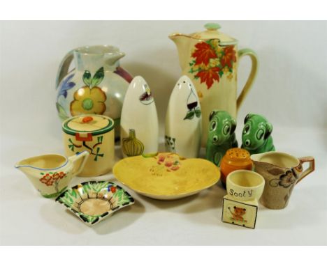 Assorted ceramic items from the 1930's - 1950's including a Clarice Cliff Bizzare 'Ravel' pattern conserve pot, 8cm high, a M