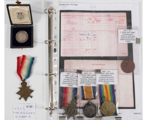 A WWI trio to '1459 L/Cpl f Green Sher Rang':, together with research, a 1914-15 Star to '5213 Pte F G Lucas N Staffs R' and 