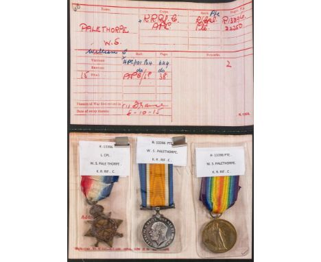 A WWI trio to 'R-13396 L Cpl W S Palethorpe KR Rif R'.: