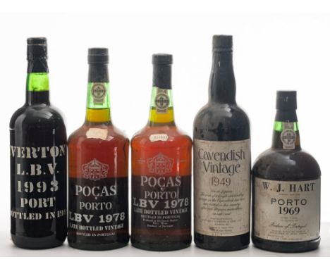A bottle of Evertons 1993 late bottled vintage port, 1999:,one bottle W J Hart , 1969, bottled 1993,two bottles Porcas late b