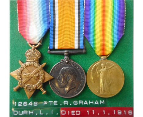 A Great War trio:  to 12649. Pte. R. Graham.  Durh. L.I.  includes 1914-15 Star,  War and Victory Medals