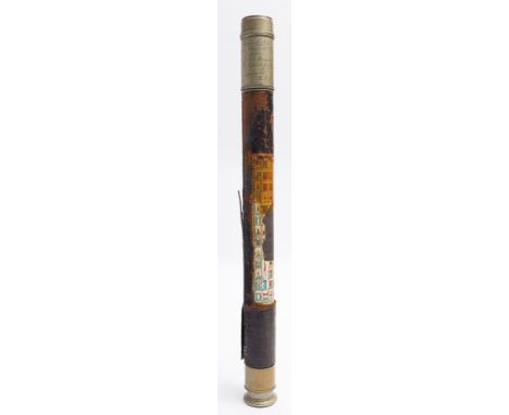 A late Victorian leather single draw telescope:, unsigned the main tube with remains of leather cover and  flags of nations, 