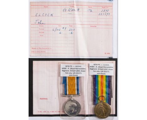 A WWI pair to '3878 Pte J Elcock Worc R':.