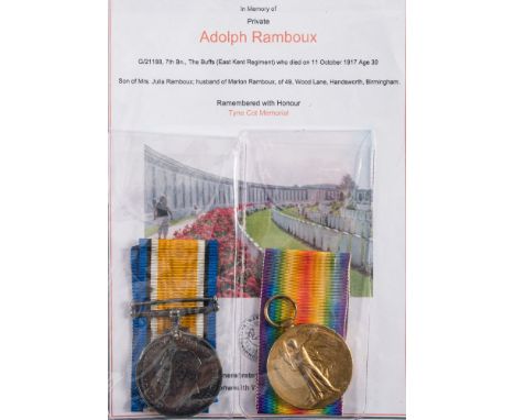 A WWI pair to 'G-21188 A (Adolph) Ramboux E Kent R'  (The Buffs).: