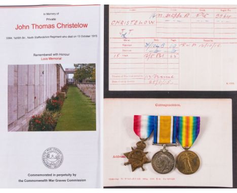 A WWI trio to '3364 Pte J T Christelow N Staff R':, with copies of research.