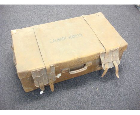 A late 19th/early 20th century large brown leather travelling trunk: with drop in tray, 36 x 104 x 58cm and one other brown l