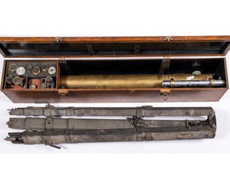 A 3 inch brass refractor telescope:, the 37 1/2 inch main tube with nickel plated sighting tube and rack and pinion adjust, t