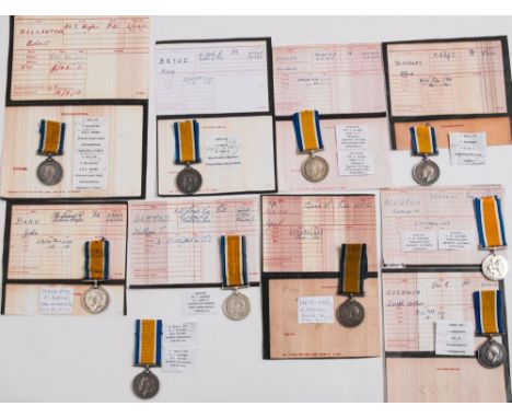 A group of ten WWI War Medals:, '46245 Pte H Bryce W Yorks R' 'R-30321 Pte A Sainsbury KR Rif C'  '33969 Pte J Bark The Queen