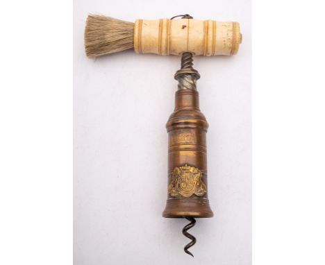 A small half bottle Thomason type corkscrew:, the turned bone handle with suspension loop and brush, double action,  ring tur