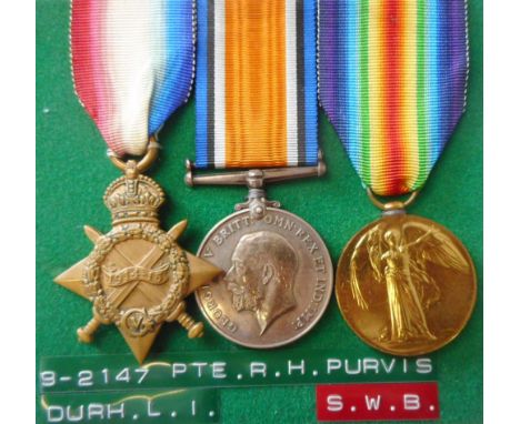 A Great War trio:  to 9-2147. Pte. R. H. Purvis.  Durh. L.I.  includes 1914-15 Star,  War and Victory Medals