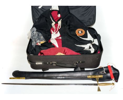 A collection of Devonshire Masonic regalia:, including jewels, aprons, cloak, pill box hat and court sword, (a lot)
