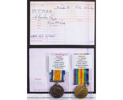 A WWI pair to '25634 Pte CJ Pitman Hamps R':.